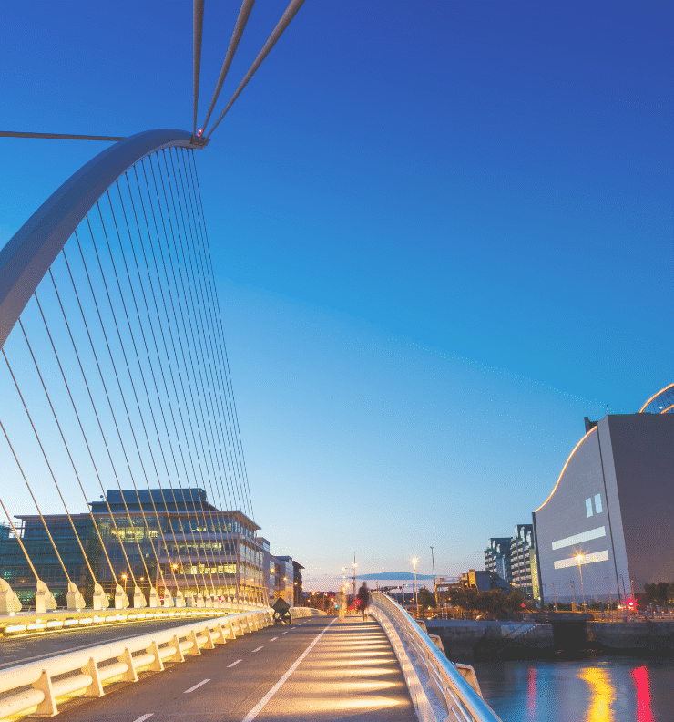 Samuel Beckett Bridge and Convention Centre at sunset, representing parking in Dublin with Easytrip.