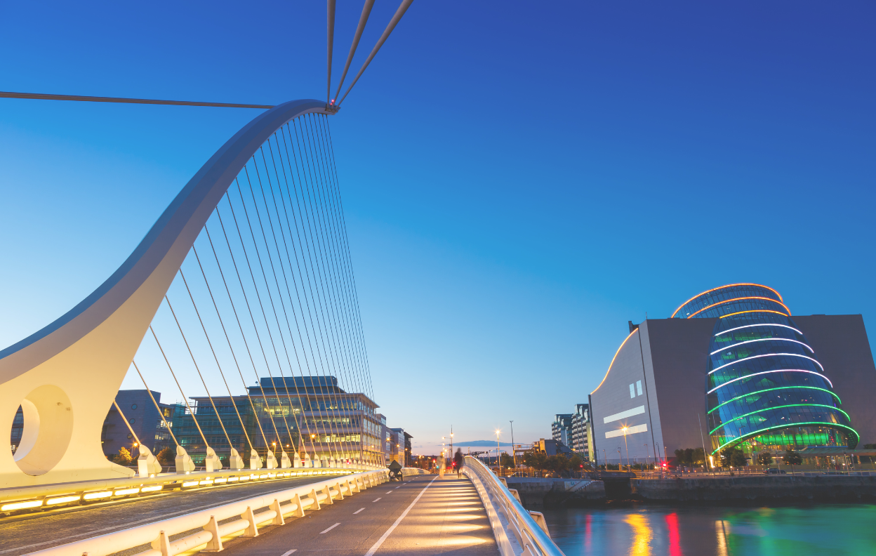 Samuel Beckett Bridge and Convention Centre at sunset, representing parking in Dublin with Easytrip.
