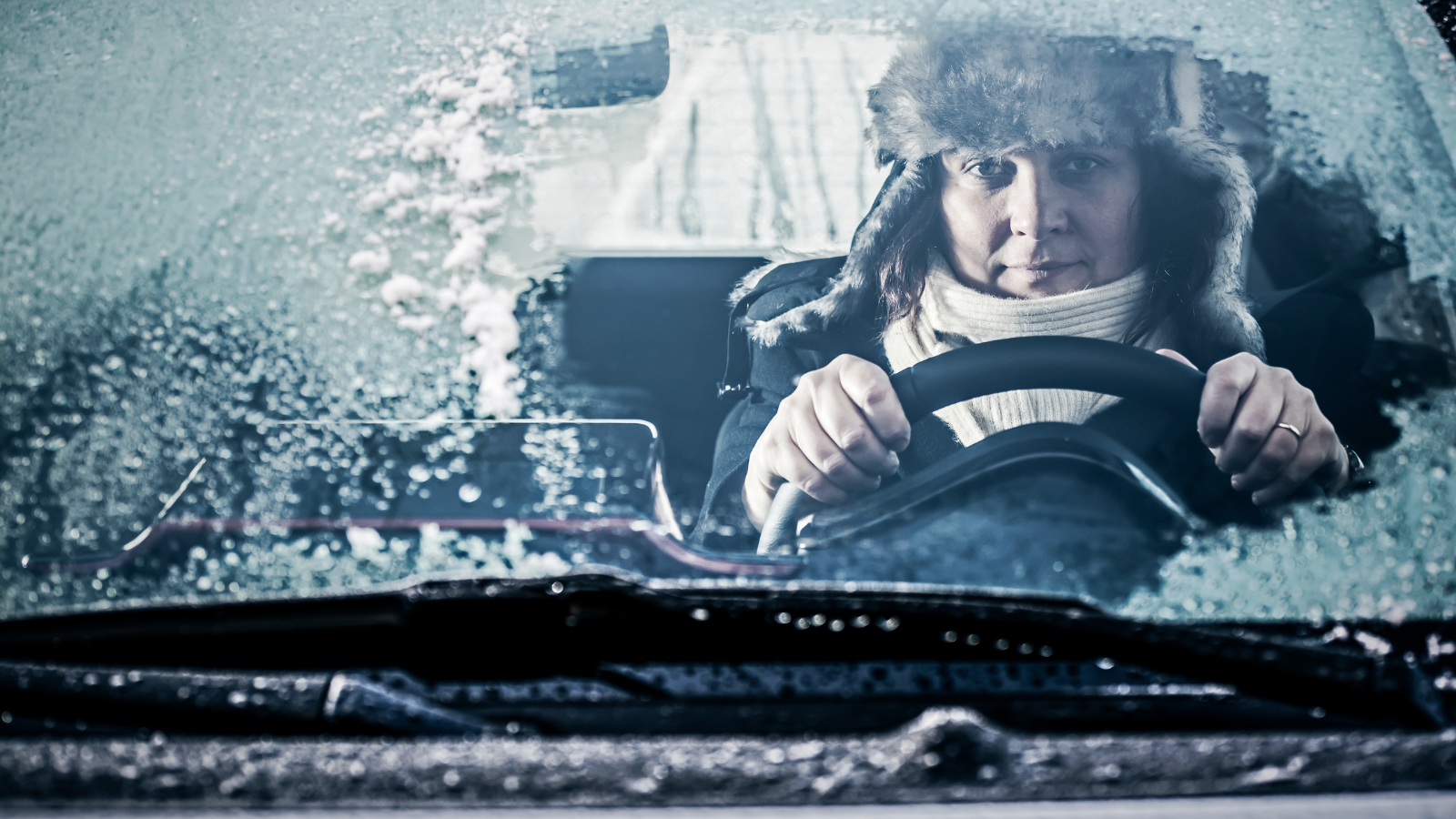 Driver facing icy winter conditions with a frosted windscreen, representing the need for Easytrip winter services for safer, stress-free travel.