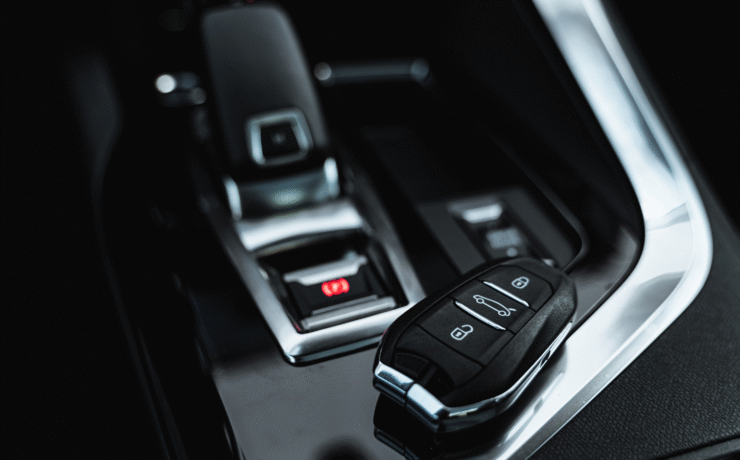 Close-up of a car key on a modern car dashboard, representing steps to take after buying a car in January, including updating your reg on Easytrip