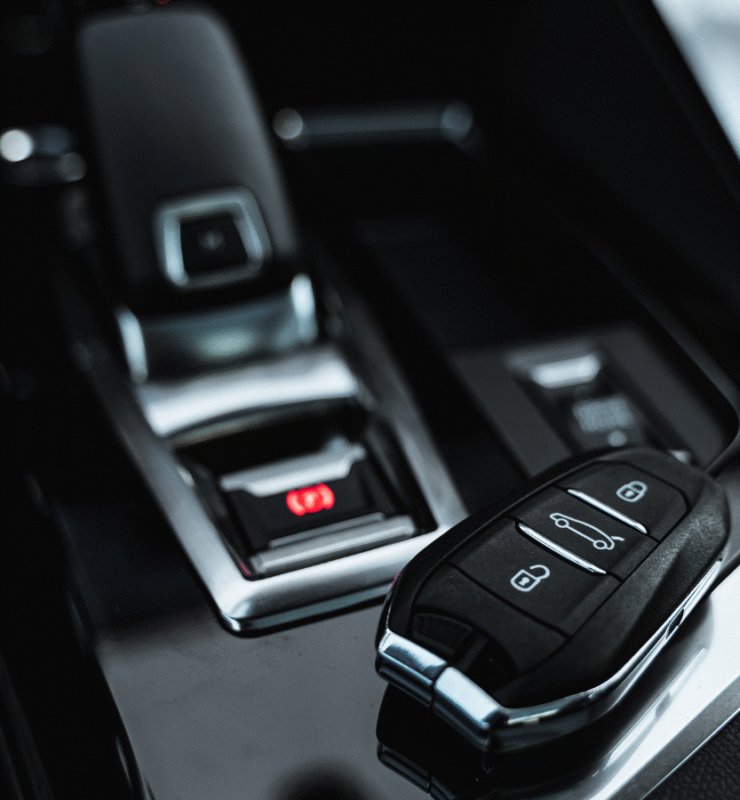 Close-up of a car key on a modern car dashboard, representing steps to take after buying a car in January, including updating your reg on Easytrip